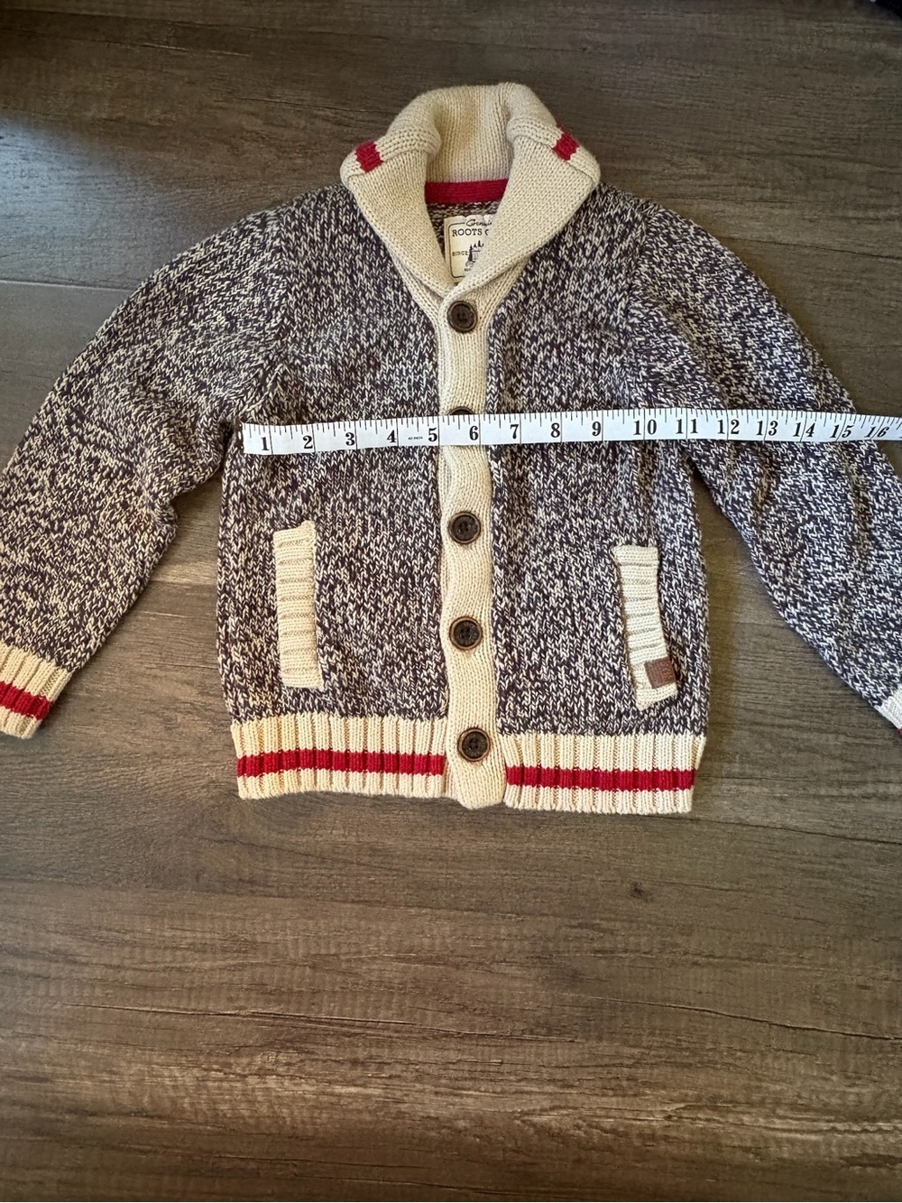 Kids Roots Salt and Pepper Collar Cardigan with Red Accents - Picture 2 of 4